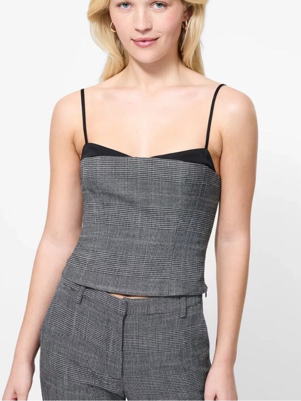 French Connection Gray Plaid Camisole with Black Trim